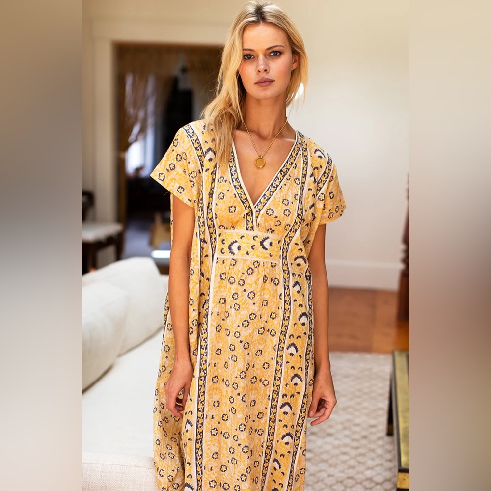 Emerson Fry Francina Caftan Saffron Floral V-Neck Dress